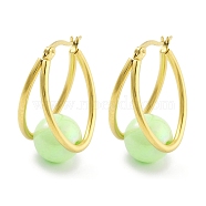 Ion Plating(IP) 304 Stainless Steel & Plastic Imitation Pearl Oval with Ball Hoop Earrings for Women, with 316 Stainless Steel Pins, Light Green, 32x15.5x19.5mm(EJEW-C096-13G-03)