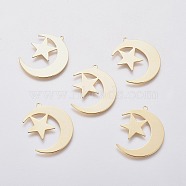 201 Stainless Steel Pendants, Moon and Star, Golden, 30x24x0.6mm, Hole: 1.4mm(X-STAS-L234-119G)