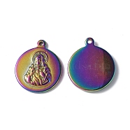 Ion Plating(IP) 304 Stainless Steel Pendants, Flat Round with Buddha Charm, Rainbow Color, 24x20x3mm, Hole: 1.6mm(STAS-G278-17MC)