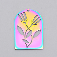 Ion Plating(IP) 201 Stainless Steel Pendants, Laser Cut, Hollow, Rectangle and Flower, Rainbow Color, 33x23x1mm, Hole: 1.6mm(STAS-T056-LA554)