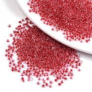 12/0 Glass Seed Beads, Transparent Inside Colours, Round Hole, Round, Crimson, 12/0, 2~2.5x1.5~2mm, Hole: 0.8mm, about 3333pcs/50g(X-SEED-A014-2mm-132B)