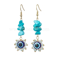 Evil Eye Synthetic Turquoise Chip & Seed Beads Dangle Earrings, 304 Stainless Steel Jewelry for Women, Golden, Blue, 61~63x18mm(EJEW-MZ00166-05)