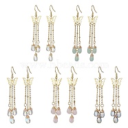 Golden 304 Stainless Steel Butterfly Chandelier Earrings, Imitation Jade Glass Tassel Earrings, Mixed Color, 75mm(EJEW-JE05731)