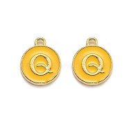 Golden Plated Alloy Enamel Charms, Enamelled Sequins, Flat Round with Alphabet, Letter.Q, Yellow, 14x12x2mm, Hole: 1.5mm(X-ENAM-Q437-13Q)