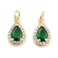 Brass with Cubic Zirconia  Pendants, with Jump Ring, Teardrop, Green, Real 18K Gold Plated, 13.5x8.5x4mm, Hole: 3.4mm(KK-P271-32G)