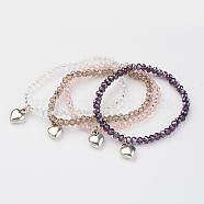 Glass Beads Stretch Bracelets, with Alloy Heart Charms, Mixed Color, 41mm(1-5/8 inch)(X-BJEW-JB02450)