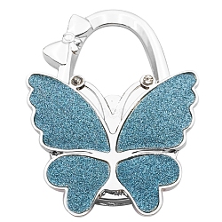 Glitter Butterfly Zinc Alloy Crystal Rhinestone Bag Hanger, Foldable Purse Hooks with Leather, Sky Blue, 70x49x10mm(BAGH-F001-A07)