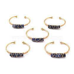 Natural Sodalite Triple Column Beaded Open Cuff Bangle, Wire Wrape Brass Jewelry for Women, Golden, Inner Diameter: 2-1/8 inch(5.45~5.55cm)(BJEW-E377-01G-09)