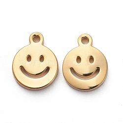 Vacuum Plating 304 Stainless Steel Charms, Cut-Out, Manual Polishing, Hollow, Flat Round with Smile, Golden, 8x6x1mm, Hole: 0.8mm(X-STAS-G215-03G)