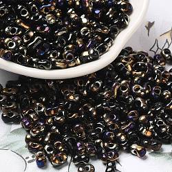 Electroplate Two Tone Glass Seed Beads, Metallic Colours Round Hole, Peanut, Golden Plated, 6~6.5x3~3.5x3~3.5mm, Hole: 1~1.2mm, about 4500pcs/pound.(SEED-F005-09A-03)