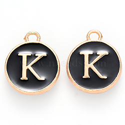 Golden Plated Alloy Charms, Cadmium Free & Lead Free, with Enamel, Enamelled Sequins, Flat Round with Letter, Black, Letter.K, 14x12x2mm, Hole: 1.5mm(ENAM-S118-02K)