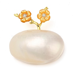 Oval & Peach Blossom Dyed Natural White Shell Brooches for Women, with Brass & Rhinestone, Real Gold Plated, Beige, 33x36x12.5mm(JEWB-E031-01G-02)