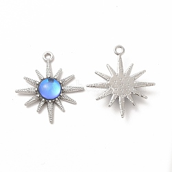 Rack Plating Alloy Pendants, Sun Charms, with Resin, Platinum, Cadmium Free & Nickel Free & Lead Free, Cornflower Blue, 28x25x5mm, Hole: 1.8mm(FIND-G051-04P-03)