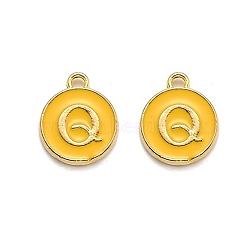 Golden Plated Alloy Enamel Charms, Enamelled Sequins, Flat Round with Alphabet, Letter.Q, Yellow, 14x12x2mm, Hole: 1.5mm(X-ENAM-Q437-13Q)