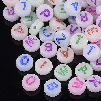 Luminous Acrylic Beads, Horizontal Hole, Random Mixed Letters, Flat Round with Letter, Mixed Color, 7x3.5~4mm, Hole: 1.2mm