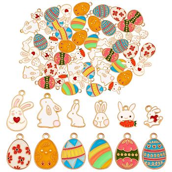 60Pcs 12 Style Alloy Enamel Pendants, Golden, Easter Egg & Rabbit with Radish, Mixed Color, 13.5~25x9~15x1~1.5mm, Hole: 1.4~2mm, 5pcs/style