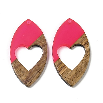 Resin and Walnut Pendants, Horse Eyes with Heart, for Valentine's Day Gift, Deep Pink, 47x24.5x3.5mm, Hole: 2mm