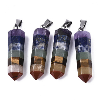 Assembled Natural Topaz Jade & Red Jasper & Red Agate & Lapis Lazuli & Quartz Crystal & Green Aventurine & Amethyst Pointed Pendants, with Stainless Steel Bails, Bullet, Colorful, 35x10x9mm, Hole: 7x4mm