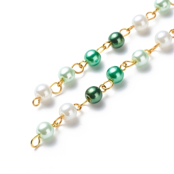 Handmade Glass Pearl Beaded Chains, with Brass Eye Pins, Unwelded, Green, 13x6mm, about 3.28 Feet(1m)/Strand