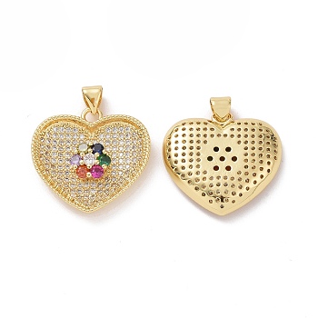Brass Cubic Zirconia Pendants, Heart with Flower Charm, Real 18K Gold Plated, 23x23x4.5mm, Hole: 3.5x5mm