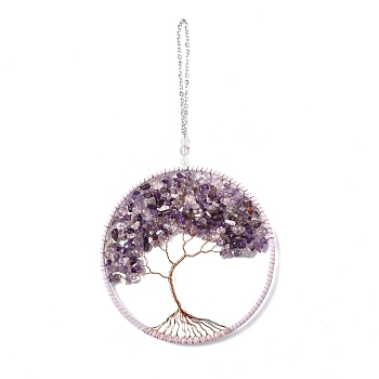 Wire Wrapped Chips Natural Amethyst Big Pendant Decorations, with Iron Chains and Imitation Leather Rope, Flat Round with Tree of Life, 295mm