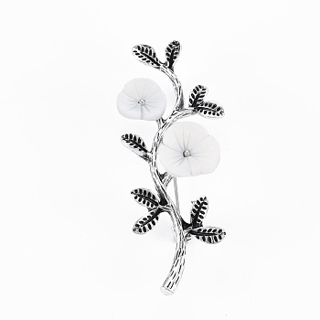 Branch and Flower Natural Shell Brooch Pin, Alloy with Rhinestone Lapel Pin for Backpack Clothing, Lead Free & Cadmium Free, Antique Silver, White, 54~55x22x13~16mm, Hole: 4x6mm, Pin: 0.7mm