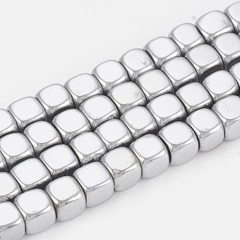 Electroplated Non-magnetic Synthetic Hematite Beads Strands, Cube, Platinum Plated, 4x4x4mm, Hole: 2mm, about 100pcs/strand, 15.7 inch