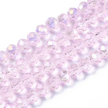 Electroplate Glass Beads Strands, AB Color Plated, Faceted, Rondelle, Pink, 6x5mm, Hole: 1mm, about 85~88pcs/strand, 16.1~16.5 inch(41~42cm)