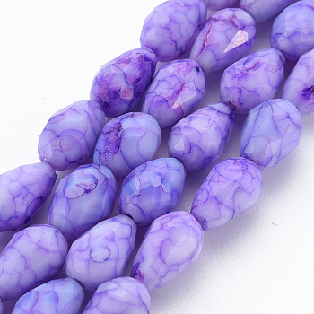 Opaque Baking Painted Crackle Glass Beads Strands, Teardrop, Faceted, Medium Purple, 10.5~12x8mm, Hole: 1.5mm, about 33~34pcs/strand, 15.24 inch~15.59 inch(38.7cm~39.6cm)