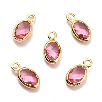 Eco-Friendly Brass with Glass Pendants,  Long-Lasting Plated, Lead Free & Cadmium Free & Nickel Free, Oval, Real 18K Gold Plated, Indian Red, 9x4.5x2mm, Hole: 1.2mm