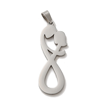 304 Stainless Steel Pendants, Laser Cut, Infinity with Couple Charm, Stainless Steel Color, 36x13x1mm, Hole: 6x3mm