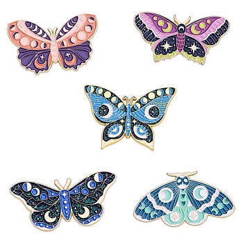 5Pcs 5 Style Moon Phase Butterfly Enamel Pins, Gold Plated Alloy Badges for Backpack Clothes, Mixed Color, 21~28x40mm, 1Pc/style