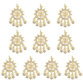 10Pcs Rack Plating Brass Micro Pave Clear Cubic Zirconia Pendants, with Jump Rings, Long-Lasting Plated, Cadmium Free & Lead Free, Star, Real 18K Gold Plated, 29x21.5x3mm, Hole: 3.2mm