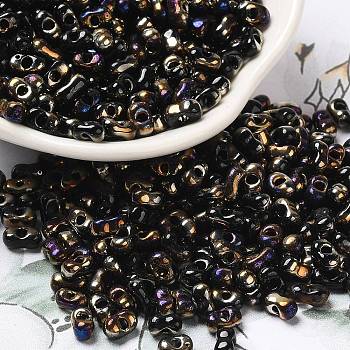 Electroplate Two Tone Glass Seed Beads, Metallic Colours Round Hole, Peanut, Golden Plated, 6~6.5x3~3.5x3~3.5mm, Hole: 1~1.2mm, about 4500pcs/pound.