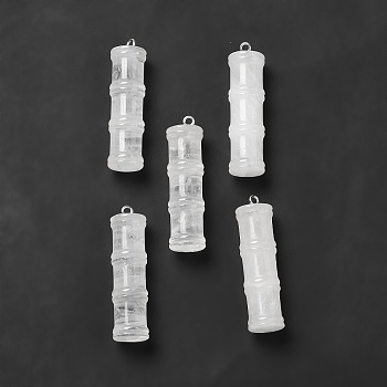 Natural Quartz Crystal Pendants, Rock Crystal Pendants, Bamboo Stick Charms, with Stainless Steel Color Tone 304 Stainless Steel Loops, 45x12.5mm, Hole: 2mm