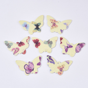 PU Leather Pendants, with Double Sided Glitter Powder, Butterfly, Yellow, 32.5x48x1.5~2mm, Hole: 2.5mm