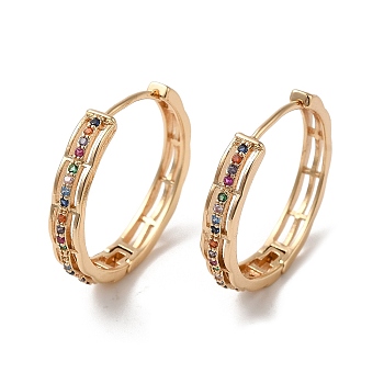 Brass Micro Pave Colorful Cubic Zirconia Hoop Earrings, Hollow Rectangle, Light Gold, 25x26.5x4.5mm
