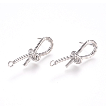 Brass Stud Earring Findings, with 316 Surgical Stainless Steel Pin and Loop, Knot, Platinum, 32x11x8mm, Hole: 2.2mm, Pin: 0.7mm
