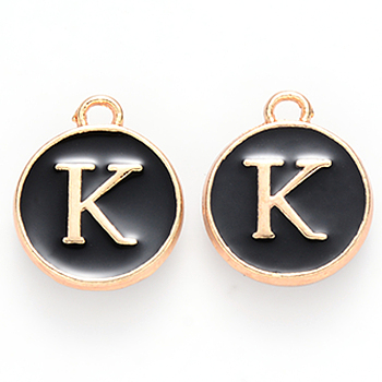 Golden Plated Alloy Charms, Cadmium Free & Lead Free, with Enamel, Enamelled Sequins, Flat Round with Letter, Black, Letter.K, 14x12x2mm, Hole: 1.5mm