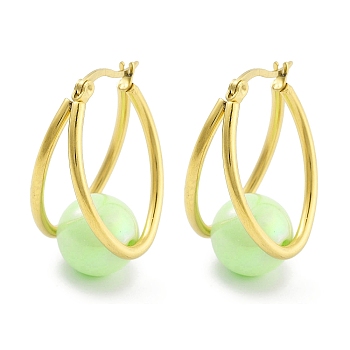 Ion Plating(IP) 304 Stainless Steel & Plastic Imitation Pearl Oval with Ball Hoop Earrings for Women, with 316 Stainless Steel Pins, Light Green, 32x15.5x19.5mm