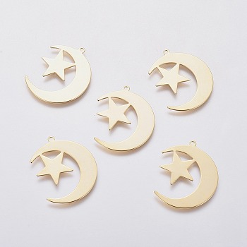 201 Stainless Steel Pendants, Moon and Star, Golden, 30x24x0.6mm, Hole: 1.4mm