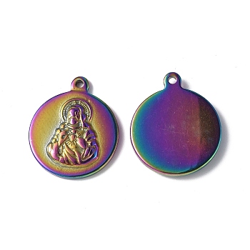 Ion Plating(IP) 304 Stainless Steel Pendants, Flat Round with Buddha Charm, Rainbow Color, 24x20x3mm, Hole: 1.6mm
