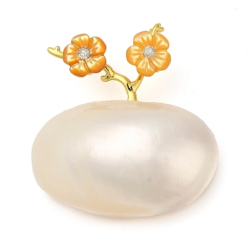 Oval & Peach Blossom Dyed Natural White Shell Brooches for Women, with Brass & Rhinestone, Real Gold Plated, Beige, 33x36x12.5mm