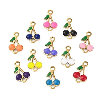 Ion Plating(IP) 304 Stainless Steel Enamel Fruit Connector Charms, Cherry Links, Golden, Mixed Color, 13x7.5x2.5mm, Hole: 1.6mm