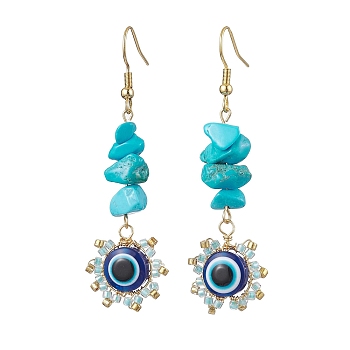 Evil Eye Synthetic Turquoise Chip & Seed Beads Dangle Earrings, 304 Stainless Steel Jewelry for Women, Golden, Blue, 61~63x18mm