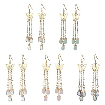 Golden 304 Stainless Steel Butterfly Chandelier Earrings, Imitation Jade Glass Tassel Earrings, Mixed Color, 75mm