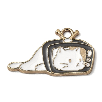 Zinc Alloy Enamel Pendants, Golden, Cat with Television Charms, White, 16.5x28x1.3mm, Hole: 2.2mm
