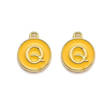 Golden Plated Alloy Enamel Charms, Enamelled Sequins, Flat Round with Alphabet, Letter.Q, Yellow, 14x12x2mm, Hole: 1.5mm