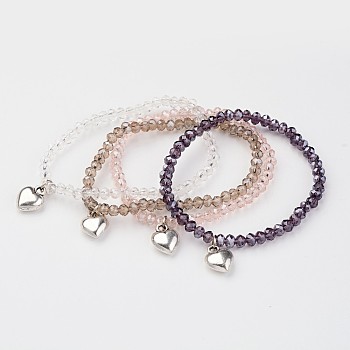 Glass Beads Stretch Bracelets, with Alloy Heart Charms, Mixed Color, 41mm(1-5/8 inch)