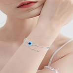 1Pc Alloy Cuff Bangles for Women, Flat Round with Light Blue Evil Eye(BJEW-LP0004-38C)